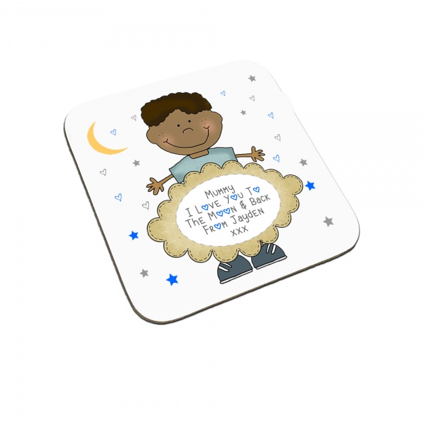 Personalised I Love You To The Moon & Back Child Coaster (Black Haired Boy)